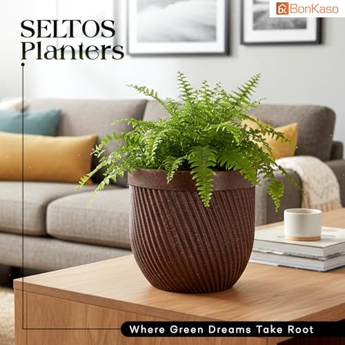 Image of Bonkaso 10 Inch Seltos Ribbed Planter for Indoor & Outdoor Use | Round Heavy Duty Polymer Flower Pot | Lightweight Weather Resistant Modern Gamla for Living Room Balcony & Terrace (Brown)