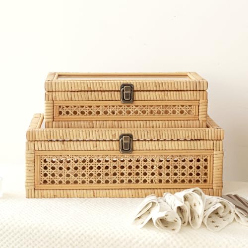 DECOR4SEASON Rattan and Cane Stacking Boxes with Glass Top Lid - Set of 2 for Boho and Rustic Farmhouse Decor