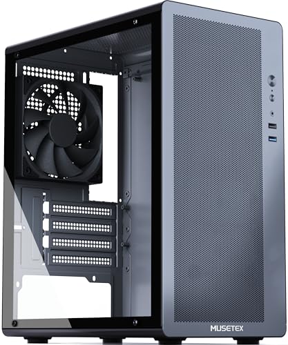 MUSETEX Micro ATX Case, 1 Non-RGB 120mm Fan MATX PC Case, Mesh Front, Computer case with Tempered Glass, Magnetic Patterned Dust Filter, Black(M1)