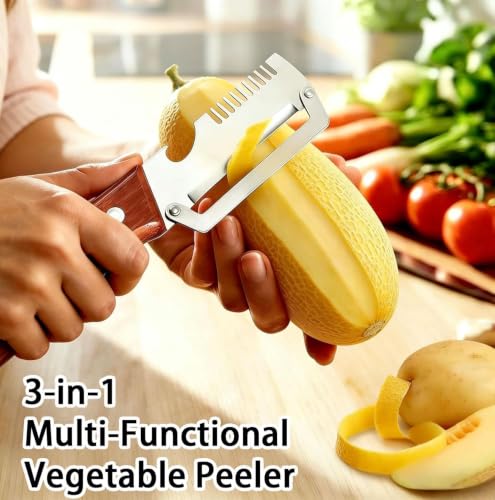 Image of 3-in-1 Multifunctional Vegetable Peeler, Stainless Steel Kitchen Peeler with Real Wooden Handle, Scallion Shredder & Bottle Opener, Upgraded Wide-Tooth & Sharp Peeling Blade Designs
