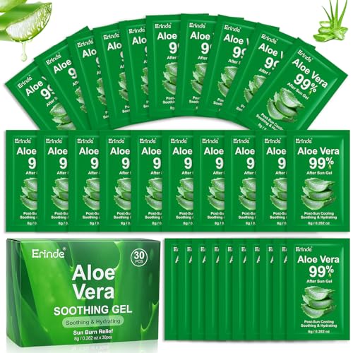 Erinde 30 Pack Travel Size Aloe Vera Gel for Face Hair & Body Sunburn Relief 99% Pure Aloe Vera Gel for After Sun Skin Care Relief Soothing Hydrating Non-Greasy Bulk Mini Portable Travel Packet