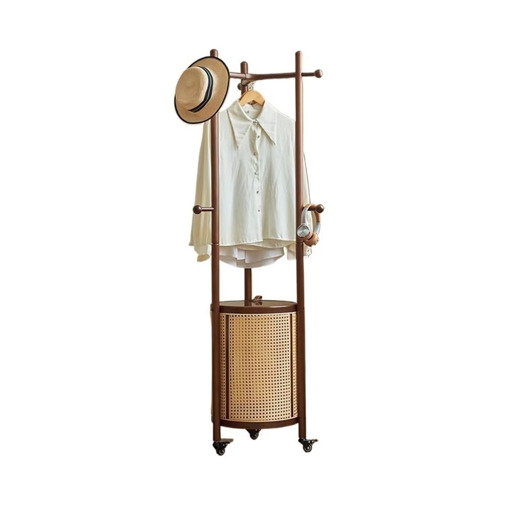 AILIUXIAOYAN Coat Rack Solid Wood Coat Rack Household Movable Clothes Rack Round Rattan Dirty Clothes Basket Bedroom Floor-standing Clothes Rack(Walnut Color)