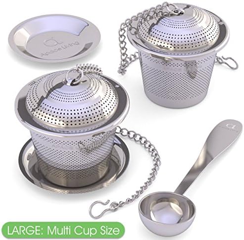 Large Tea Infuser (Set of 2) with Tea Scoop and Drip Trays by Apace – Multi Cup Size Stainless Steel Loose Leaf Tea Strainer and Steeper