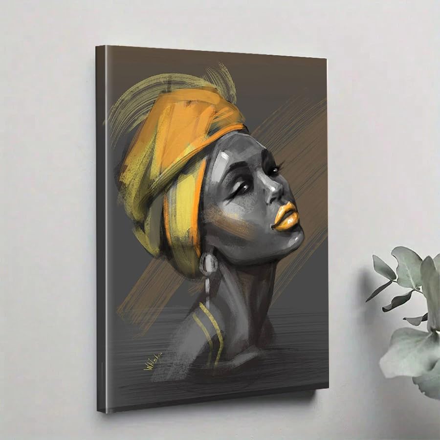 ALMLZL African American Women Canvas Wall Art Yellow Headdress Black Art Wall Decor Black Woman Canvas Prints Framed Black Art Pictures for Living