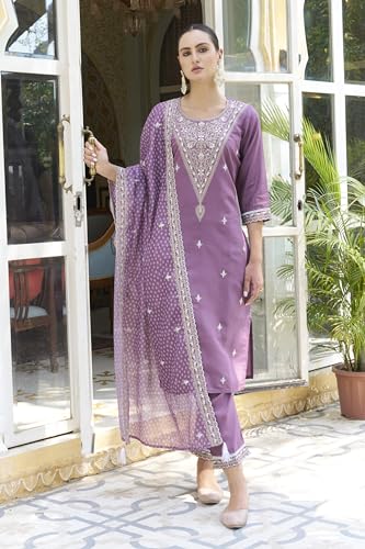 Image of VredeVogel Women's Silk Blend Embroidered Kurta with Pant & Organza Dupatta Set