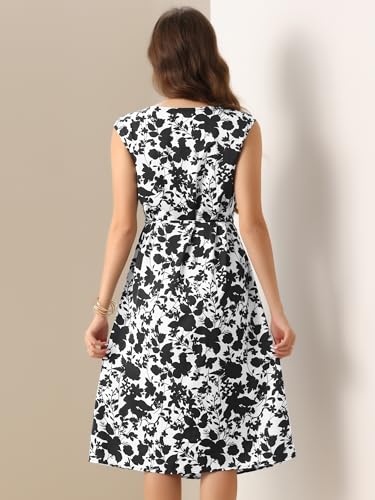 Image of Allegra K Elegant Floral Dress for Women's Vintage Cowl Neck Cap Sleeve Cocktail Tie Waist Shift Midi Dress