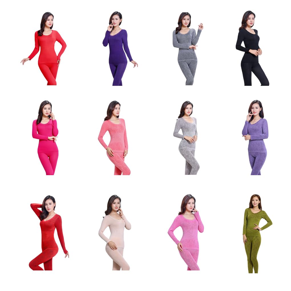 Ropa interior térmica elástica de encaje para mujer, de manga larga, sin costuras, ropa cálida para mujer, pijama rojo