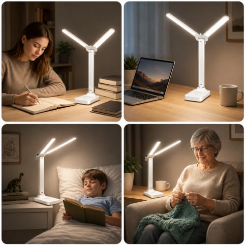 Image of One94Store Dual Head Rechargeable LED Table Lamp | 4.8W Power | 1200mAh Battery | Touch Control Dimmable Desk Light with Multiple Color Modes | USB Type-C Charging | 25.5 cm | White