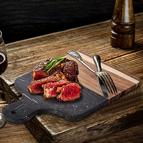 Tabla de cortar rectangular de mármol y madera Acacia negra con mango miniatura 6