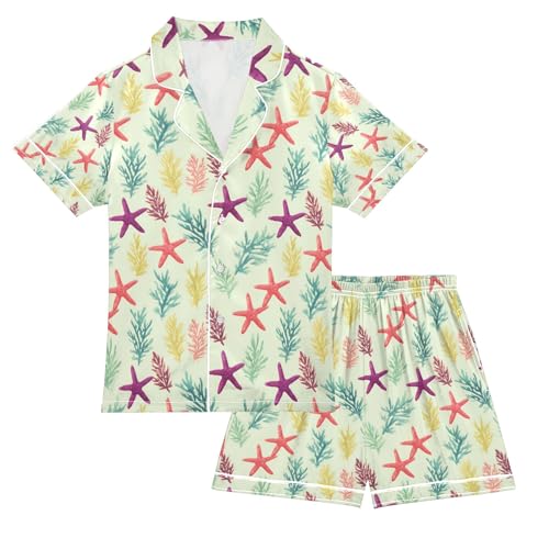 Coral Starfish Green Background Summer Pajamas Set Short Sleeve Button-Up Top Shorts 2PC Satin Sleepwear