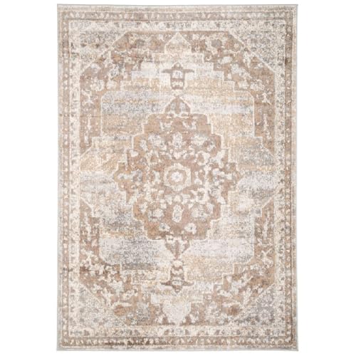 Antique Warm Neutral Greige Living Room Area Rug Distressed Oriental Medallion Grey Beige Stain Resistant Carpet Versatile Floral Vintage Kitchen Island Hallway Rugs 240cm x 330cm