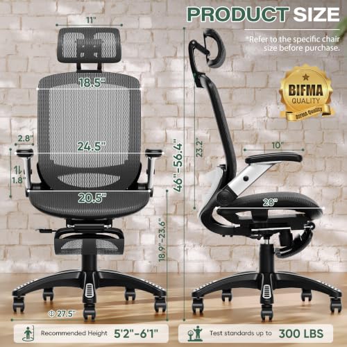 Image of GABRYLLY Ergonomic Office Chair, High Back Home Desk Chair with Footrest,3D Headrest, Flip-Up Arms, 135 Tilt and Wide Cushion, Heavy Duty Mesh Chairs for Task Computer Gaming, Black