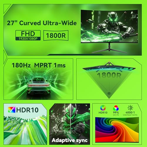 Image of Raywego 27 inch Curved Gaming Monitor, 180 Hz Full HD 1080p, 1800R VA Display with Adaptive Sync, 99% sRGB, Eye Care, VESA Mount, DP and HDMI for Gaming Home Office