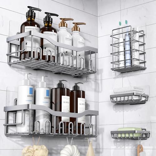 Image of EUDELE 5-Pack Rustproof Stainless Steel Shower Caddy - No Drill Adhesive Bathroom Organizer with Large Capacity, Spacious Shower Shelves for Inside Shower, Kitchen & Home Decor Storage-XL Size