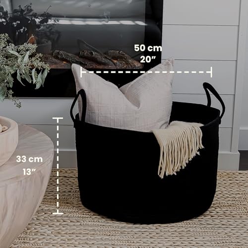 Image of OrganiHaus Round Toy Basket & Blanket Basket, Cotton Rope 20x13 inch | Full Black - Round Cotton Rope Basket, 20x13 inch