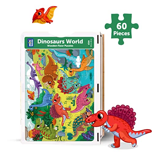 Image of Mini Leaves 60 Piece Wooden Puzzle for Kids 4-6 Years - Dinosaurs World Jigsaw Floor Puzzle With Booster Cards & Box - Safe & Durable Educational Toy