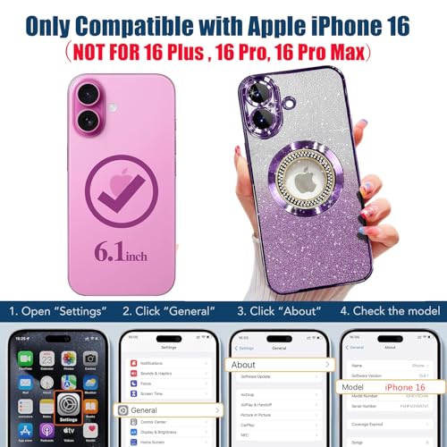 Image of Misscase for iPhone 16 Magnetic Glitter Case Compatible with MagSafe,Full Protection Slim Shockproof Anti-Scratch Case with Camera Lens Protector Logo View Dust-Proof Net for Women Purple