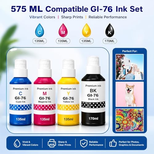 Image of GI-76 Refill Ink Bottle for Canon Pixma GX3070, GX3072, GX4070, GX5070, GX6070, GX7070 Printers (170ML x 1 Bottle Black + 135ML x 3 Bottle Color)