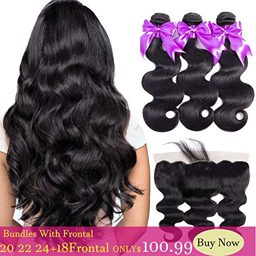 Brazilian Virgin Hair Body Wave Bundles with Frontal Closure 8A Grade Unprocessed Human Hair Bundles With Lace Frontal with Baby Hair Natural Color(20 22 24+18 Free Part)