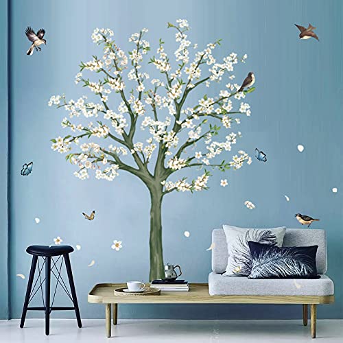decalmile Stickers Muraux Arbre de Fleurs Blanc Autocollant Mural Oiseaux et Branche Décoration Murale Chambre Salon Mur TV