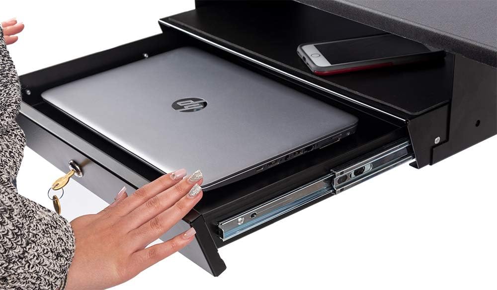 Stand Up Desk Store Add-On Office Sliding Under-Desk Drawer Storage Organizer for Standing Desks (Black, Lockable with Padded Laptop Shelf) 18