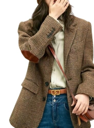 CHARTOU Women Fall Winter Plaid Blazer Jacket Coat Wool Lapel Single Breasted Casual Business Outwear Shacket(Small,Brown)