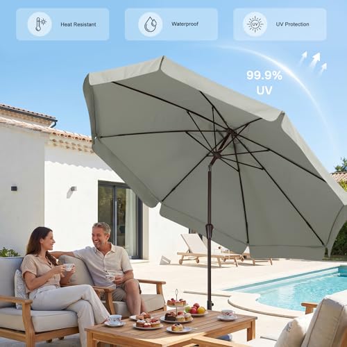 Image of ABCCANOPY 9ft Scalloped Patio Umbrella, Outdoor Table Umbrella with Tilt and Crank, Fiberglass Ribs Deck Umbrella for Patio, Pool, Garden, Picnic (Light Gray)