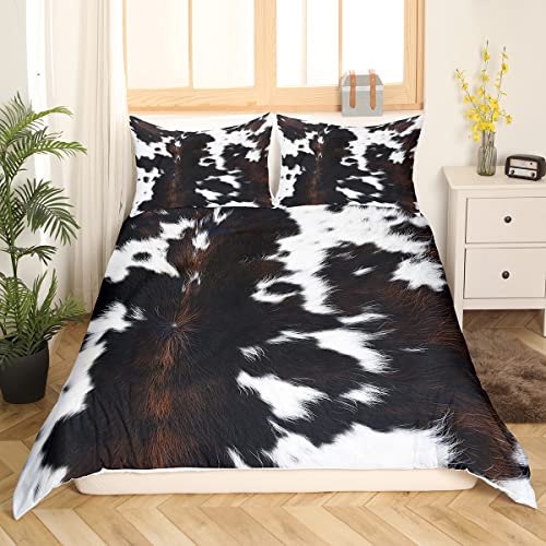Erosebridal Cow Print Full Duvet Cover, Black and Brown Cowhide Printed Comforter Cover, Farmhouse Highland Cow Bedding Set for Kids Adults, Farm Animal Theme Fur Skin Bed Set Western Bedroom Decor