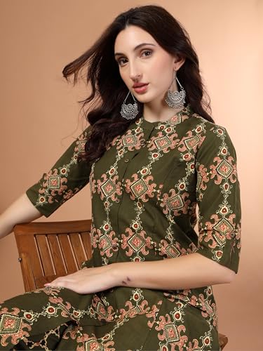 Image of rytras Women Pure Cotton Printed A-Line Kurta Sets with Palazzos|Kurti Set for Woman|Cord Set for Women Cotton
