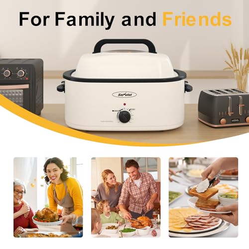 Sunvivi 22-Quart Roaster Oven with Visible Glass Lid, Sunvivi Electric Roaster with Removable Pan & Rack, 150-450°F Full-Range Temperature Control with Defrost/Warm Function, Stainless Steel, White