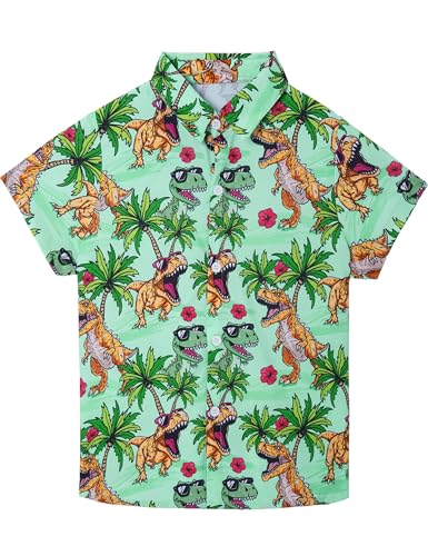 Image of Boys Hawaiian Shirt Kids Button Down Aloha Beach Hawaii Tops 5-14Y | Quick Dry, Breathable, Cooling & Lightweight, For Summer Vacation Holiday, Fourth of July, Youth, Teen, Shark, Dinosaur