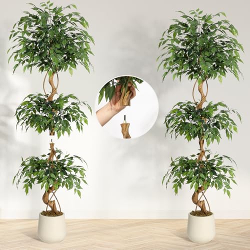 GarveeHome Ficus Artificial Tree with Curved Trunk,6 Feet Faux Plant Fake Silk Trees with White Pot, Fake Ficus Tree for Home Decor, Artificial Plants Indoor for Office Living Room