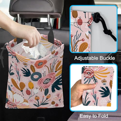 Image of Car Trash Bag Creative Floral Car Garbage Bag Hanging Car Trash Can for Back Seat with Drawstring, Waterproof Garbage Bags for Car Accessories Vehicle Travelling Camping Outdoor