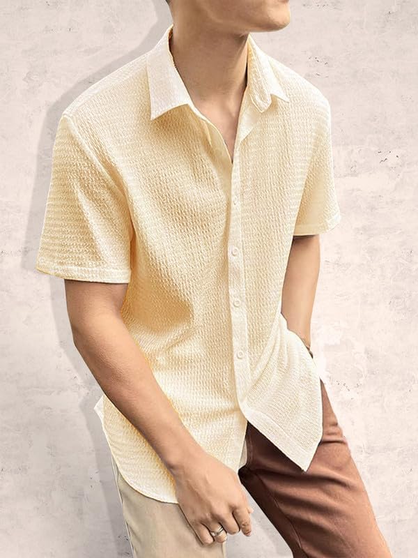 Image of Pinkmint Popcorn Shirt for Men Soild Slim Fit Sleeve Spread Collar Trendy Men Shirt Summer Wear Goa Wear Olive