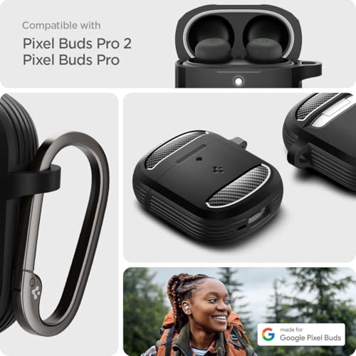 Image of Spigen Rugged Armor Designed for Google Pixel Buds Pro 2 (2024) and Pro 1 (2022) Case Cover with Keychain - Matte Black