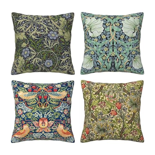 WWOOPLL William Morris - Juego de 4 fundas de cojín de 60 x 60 cm, diseño floral botánico vintage para decoración del hogar, fundas de almohada para sala de estar, sofá y cama, 24 x 24 pulgadas