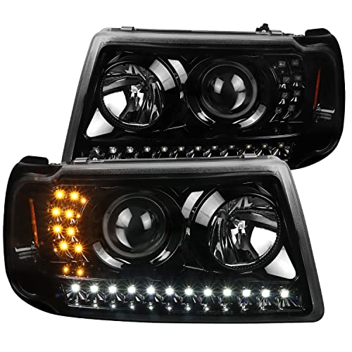 Spec-D Tuning Jet Black LED Strip Projector Headlights Corner Lamps Compatible with Ford Ranger 2001-2011 L+R Pair Head Light Lamp Assembly
