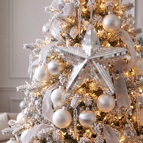 Novabright - 2 adornos estrella bola de discoteca, 5,9 pulgadas, espejo plateado, mosaico reflectante, con cadena para colgar, decoración para árbol de Navidad, fiesta, boda y hogar miniatura 3