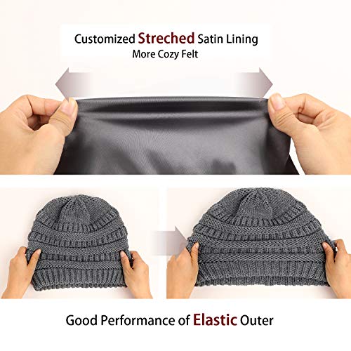 Winter Knit Beanie For Women Satin Lined Cable Thick Chunky Cap Mens Soft Slouchy Warm Hat Dark Grey #TOP2