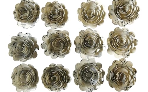 Always In Blossom Quilled Sheet Music Paper Flowers – 12 Pack 1.5 Inch Scalloped 3D Rose Floral Decor – Handmade