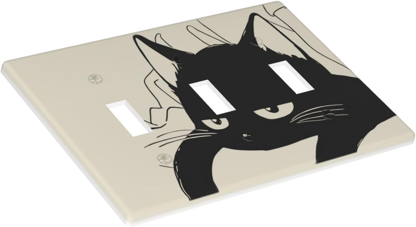 Funny Cute Black Cat Light Switch Cover Decorative Khaki Wall Plate 3 Gang Triple Toggle Electrical Receptacle Faceplate for Bathroom Kitchen Bedroom