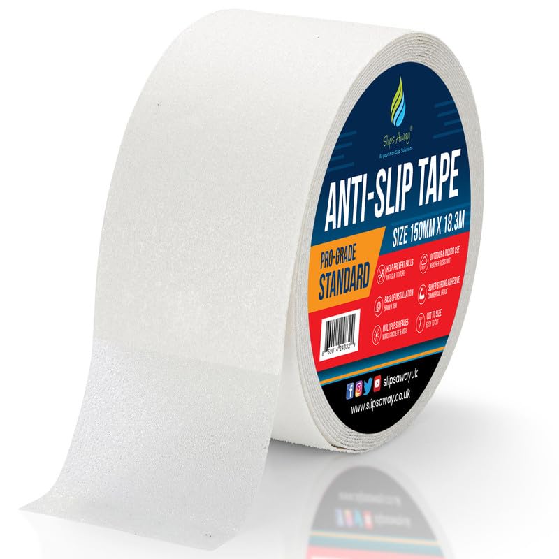SlipsAway Anti-Slip Tape Roll - Strong Adhesive Grip Tape for Stairs Tread, Ramp & Deck - 150mm x 18.3m Waterproof Non-Skid Tape for Indoor/Outdoor Use - Made in the UK - Transparent