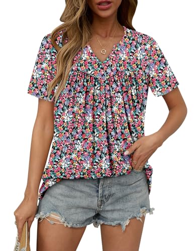 KISSMODA Tops for Womens Summer Cute Short Sleeve Shirts Trendy Notched Neck Blouses Casual Loose Pleated Tunics S-3Xl