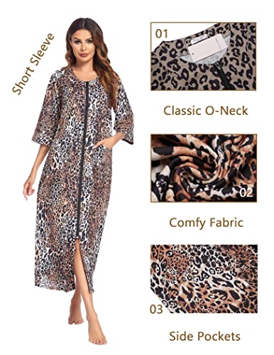 Ekouaer Zipper Front House Coat Short Sleeve Nightgown Leopard Print Lounging Gown With Side Pockets(Leopard,L) #TOP3