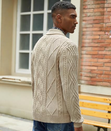 Men's Cable Knit Cardigan Sweater Shawl Collar Long Sleeve Buttons Down Sweater with Pockets4