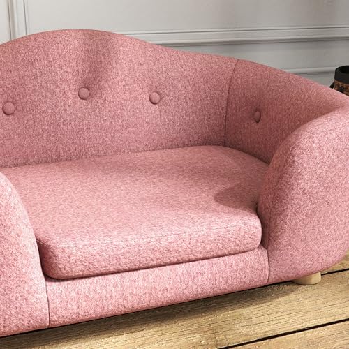 PawHut Haustiersofa Hundematte Hundebett Hundesofa Hundecouch Katzen Sofa mit Kissen Rückentasche Plüsch Schaumstoff Kiefernholz Rosa 70 x 47 x 30 cm
