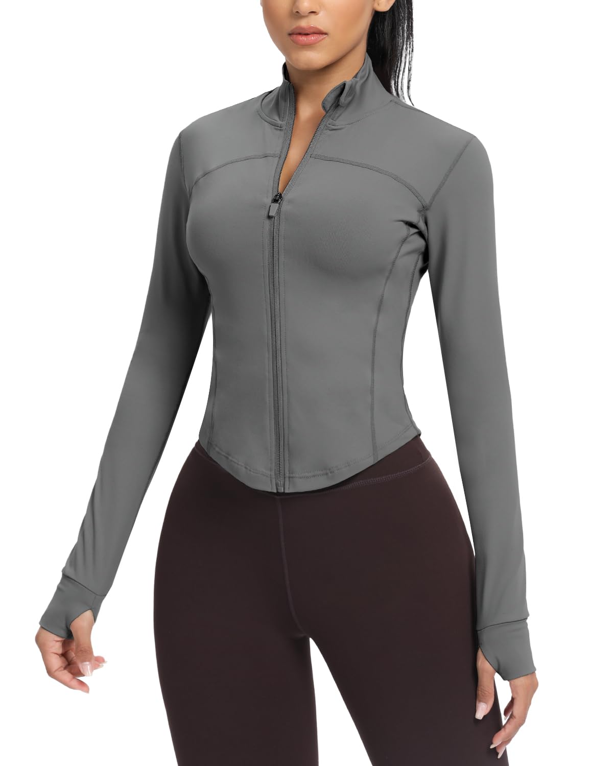 AVGO Women's Cropped Running Workout Jackets Zip Slim Fit Athletic Tops with Thumb Holes