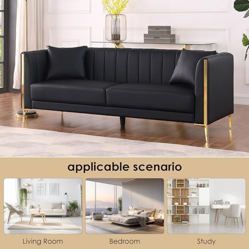 FOTOSOK 78'' Couch Sofa, Black Couches for Living Room, Comfy Sofas Faux Leather Sofa 3 Seater Couches with 2 Throw Pillows and Gold Metal Legs, Deep Seat Sofas for Home, Office (Black)