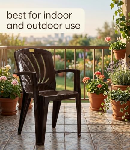 Image of Patiofy Plastic Arm Chair for Living Room, Heavy Duty Plastic Chair for Home and Outdoor, Solid Back Support, Comfortable Seating with Arm Support, 200 Kg Capacity (Elba Brown- Set of 1)