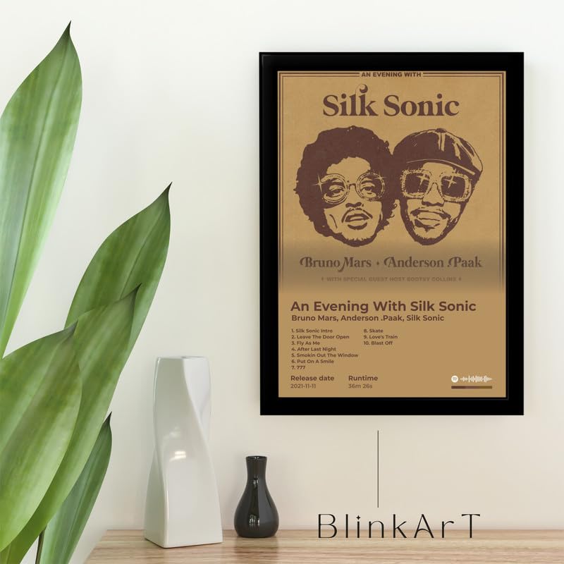 Image of BLINKART Bruno mars- An Evening With Silk Sonic Wall Photo Frames | Wall Art for Bedroom, Living Room, Studio or Office | Album Cover Print with Spotify Song Link QR Code | Gift for Fans - 8x12 In